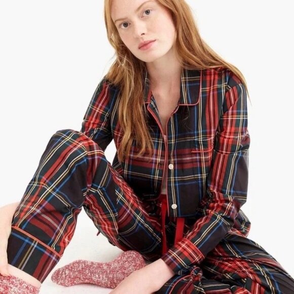 J. Crew Cotton Poplin Long-sleeve Pajama Set in Stewart Tartan Blue Red Sz Small - Picture 2 of 8